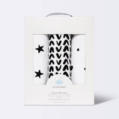  Muslin Swaddle Blanket - Cloud Island™ - Black/White - 3pk