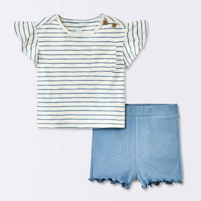  Baby Girls' 2pc Striped Pocket T-Shirt & Bike Shorts Set - Cloud Island™ Blue