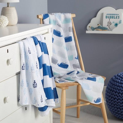  Muslin Swaddle Blankets By The Sea 3pk - Cloud Island™ Blue