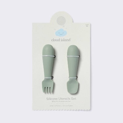  Silicone Spoon & Fork - 2pc - Green - Cloud Island™