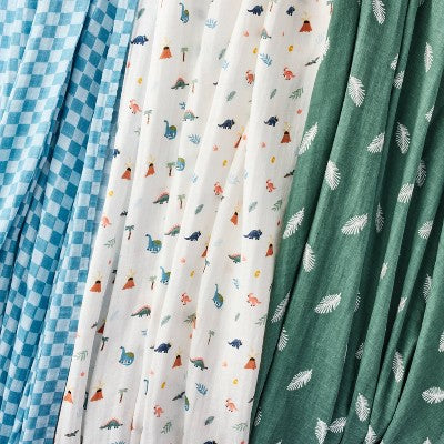  Muslin Swaddle Baby Blanket - Dino Check - 3pk - Cloud Island™