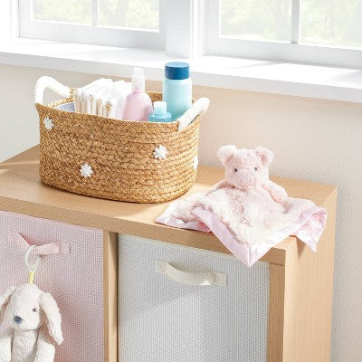  Braided Water Hyacinth With Tufted Embroidery Diaper Caddy Basket - Cloud Island™