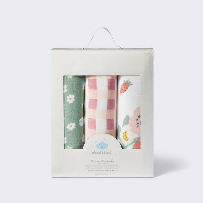  Muslin Swaddle Baby Blanket - Floral Gingham - 3pk - Cloud Island™