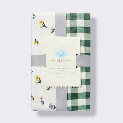  Fitted Jersey Crib Sheet -Floral Gingham Green - 2pk - Cloud Island™