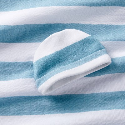  Hospital Muslin Swaddle Baby Blanket And Hat Gift Set - Blue And White Stripes - 2pk - Cloud Island™