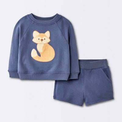  Baby Boys' 2pc Fox Applique Sweatshirt & Shorts Set - Cloud Island™ Navy Blue