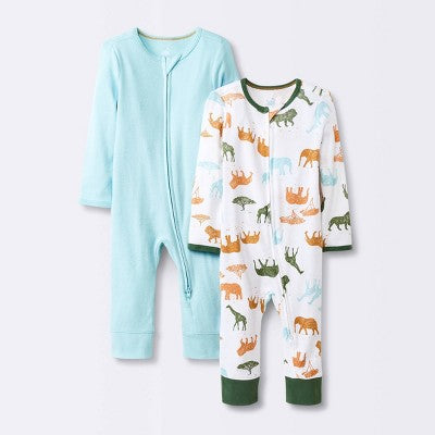  Baby Boys' 2pk Safari Animals Zip Romper - Cloud Island™