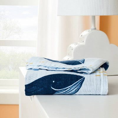  Muslin Swaddle Blanket Whales - White/Blue - Cloud Island™