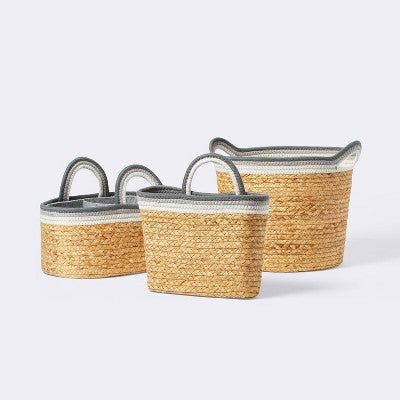  Wall Hanging Natural Woven Basket With Coiled Rope Handle - Gray - Cloud Island™