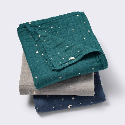  Muslin Swaddle Baby Blanket - Cool Metallic - 3pk - Cloud Island™