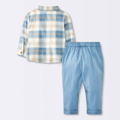  Baby Boys' Flannel Button-Down Top & Pants Set - Cloud Island™ Blue