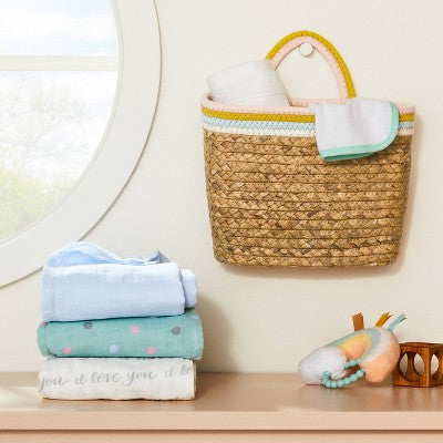  Wall Hanging Natural Woven Basket With Coiled Rope Handle - Pink - Cloud Island™