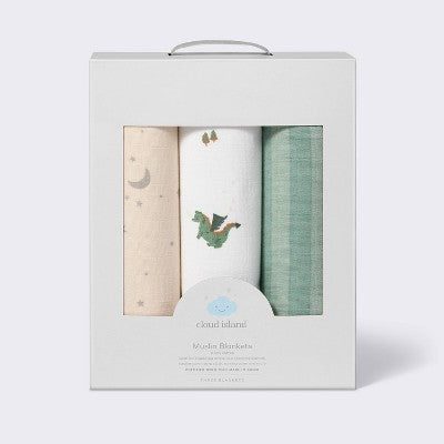  Muslin Swaddle Baby Blanket - Dragons - 3pk - Cloud Island™