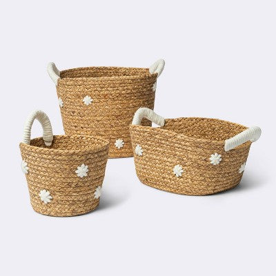  Braided Water Hyacinth With Tufted Embroidery Small Round Storage Basket - Cloud Island™