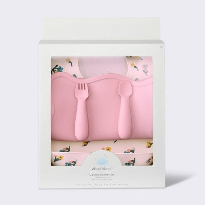  Silicone Bib And Utensil Feeding Set - 4pc - Pink - Cloud Island™