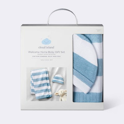  Hospital Muslin Swaddle Baby Blanket And Hat Gift Set - Blue And White Stripes - 2pk - Cloud Island™