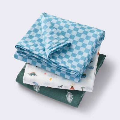  Muslin Swaddle Baby Blanket - Dino Check - 3pk - Cloud Island™