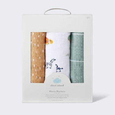  Muslin Swaddle Baby Blanket - Safari Dashes - 3pk - Cloud Island™