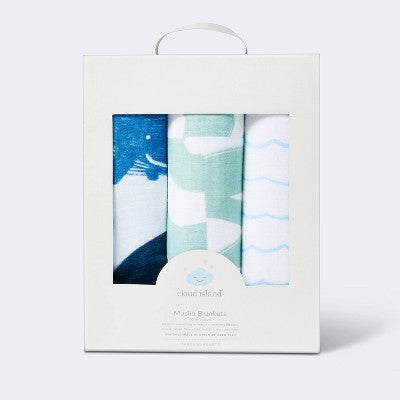  Muslin Swaddle Blanket - White/Blue - 3pk - Cloud Island™