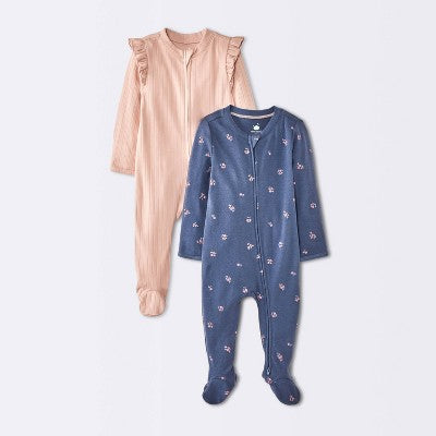  Baby Girls' 2pk Cozy Wide Ribbed Floral Sleep N' Play - Cloud Island™ Pink/Blue