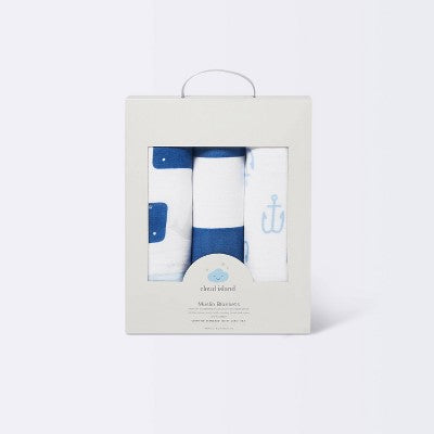  Muslin Swaddle Blankets By The Sea 3pk - Cloud Island™ Blue