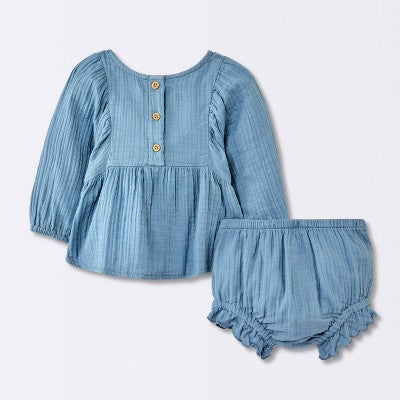  Baby Girls' 2pc Embroidered Floral Gauze Top & Bottom Set - Cloud Island™ Blue