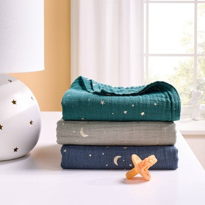  Muslin Swaddle Baby Blanket - Cool Metallic - 3pk - Cloud Island™