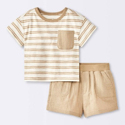  Baby Boys' 2pc Striped Pocket T-Shirt And Shorts Set - Cloud Island™ Tan